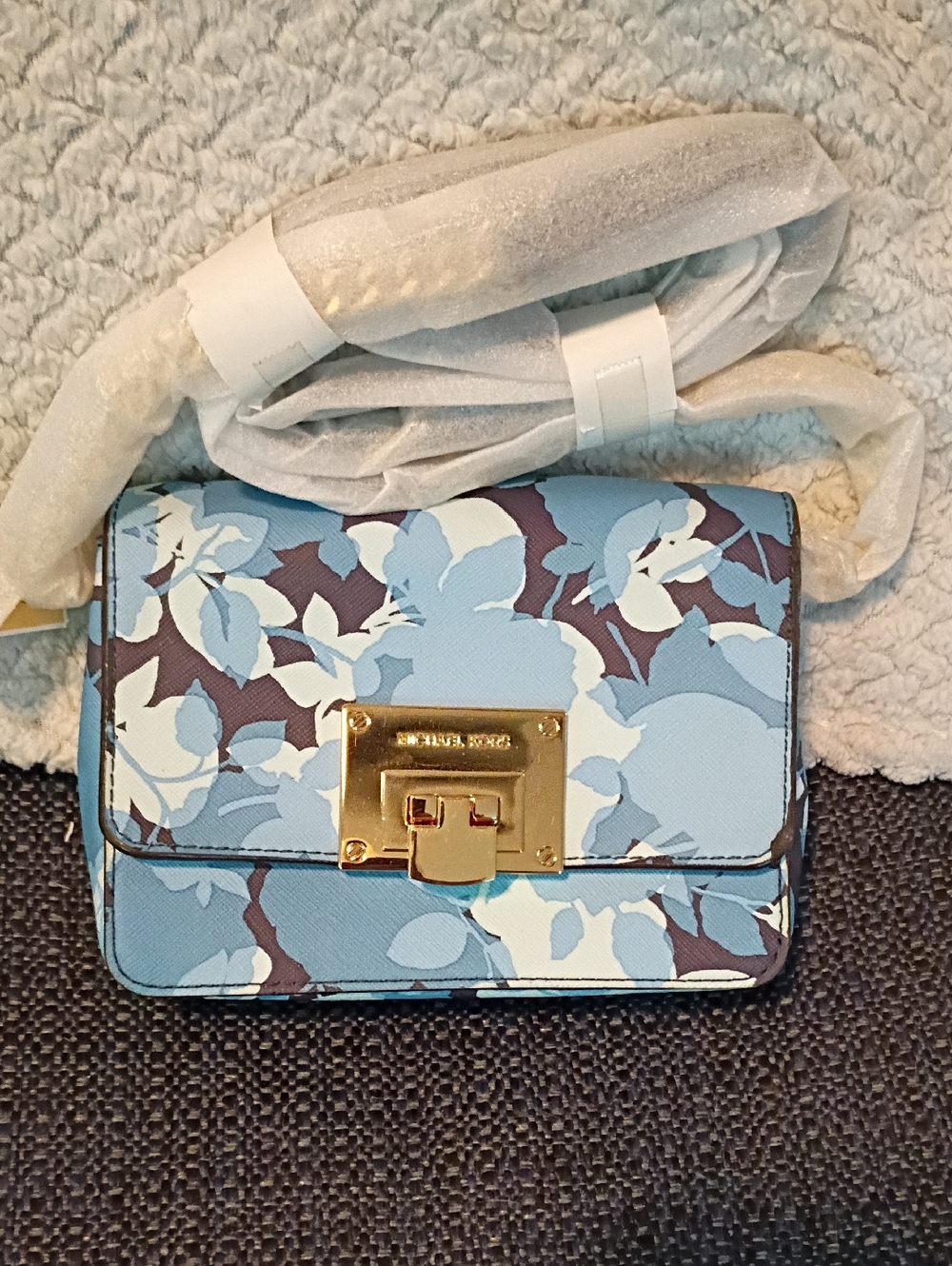 Michael Kors Tina Light Blue Floral Print Crossbody with Gold Hardware